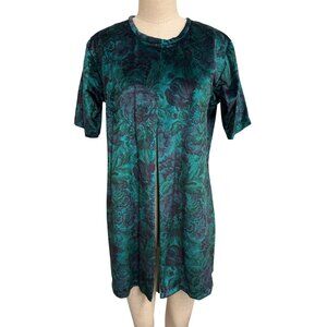 Vintage Floral Velvet Tunic Dress With Split Hem Teal and Black Short Sleeves Re